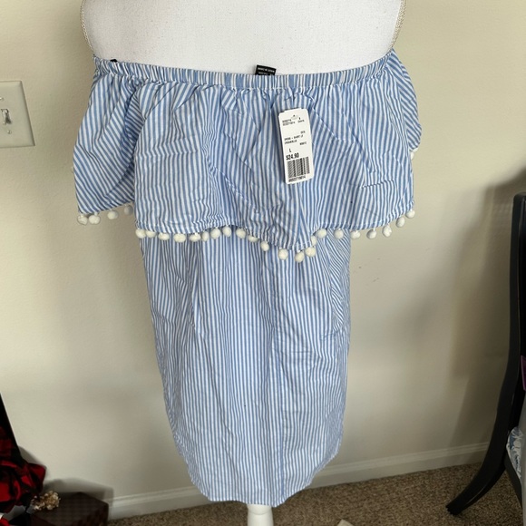 Forever 21 Dresses & Skirts - FOREVER 21, Pinstripe off the shoulder dress with poms